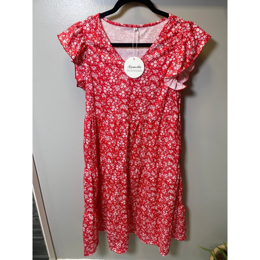 Caracilia Womens Red White Ditsy Floral Tiered V-Neck Flutter Sleeve Dress S NEW